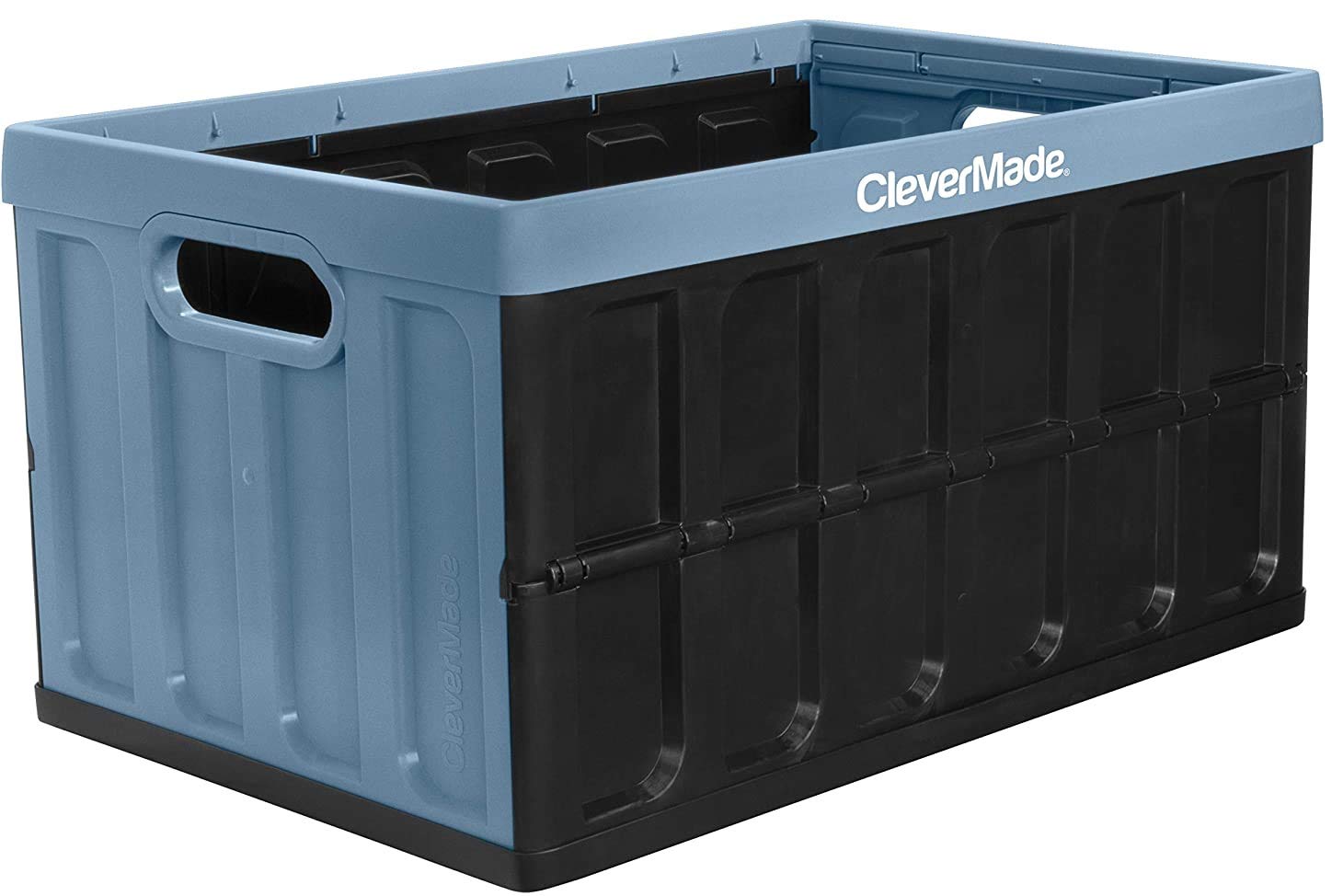 HAO CleverMade 62L Collapsible Storage Bins with Lids Folding Plastic Stackable Utility Crates Solid Wall CleverCrates, Slate Blue