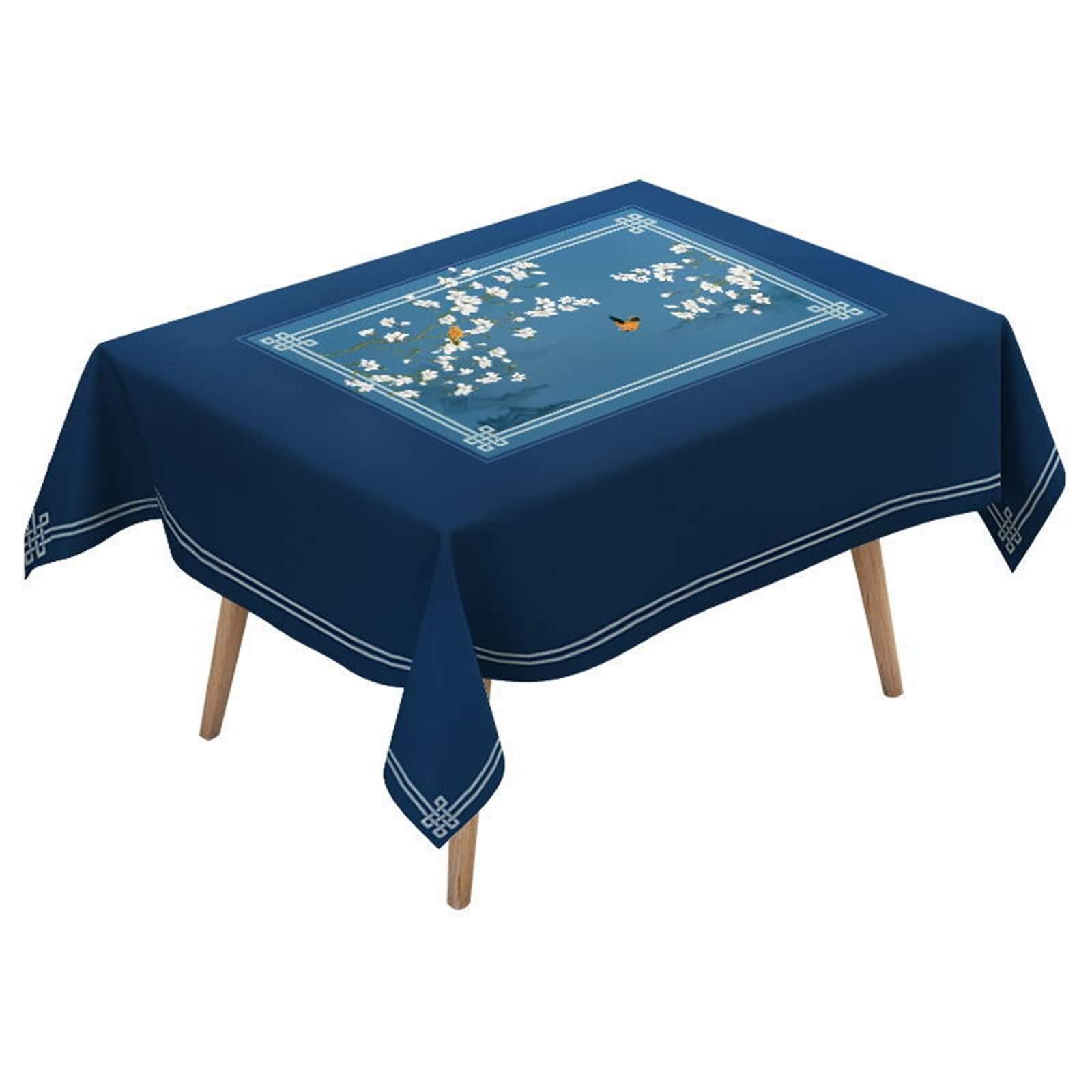 Nappe 140x140cm en coton lin bleu foncé imprimé oiseaux et branches