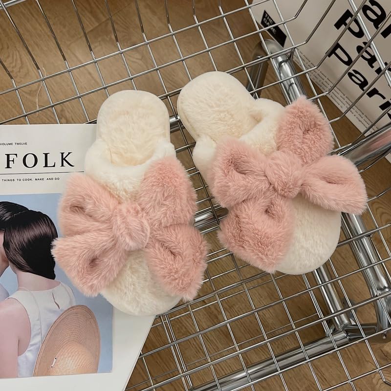 Loizziuy Women's Bow Slippers Fuzzy Cotton Slippers Cute Cotton All Seasons Indoor Home Anti-slip Warmth with Fluffy2