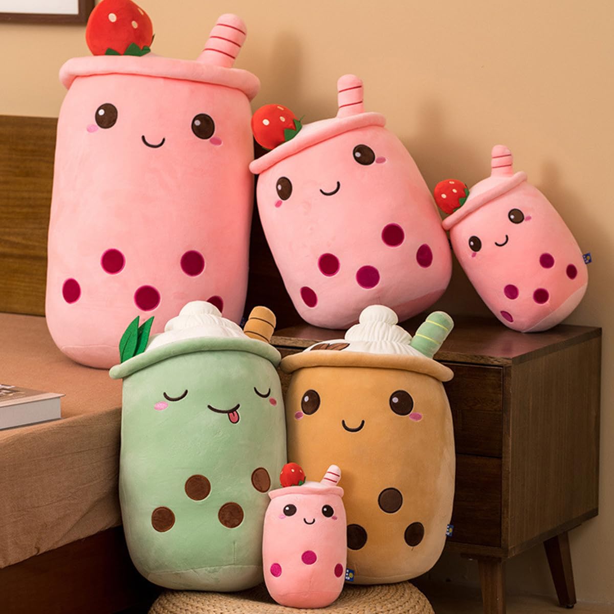Bubble Tea Kuscheltier,Boba Stofftier Plüschkissen Spielzeug Weiches Umarmungskissen Geschenk für Kinder Mädchen Jungen(Grün-Schielende Augen,50cm)