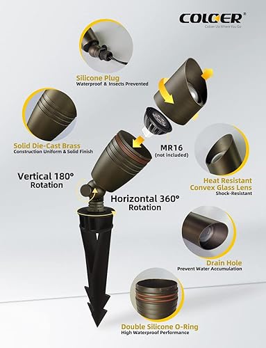 Miniatura 3 de COLOER Focos LED de bajo voltaje, foco para exteriores con estaca, luces de entrada de jardín de latón de 12 V ACDC, iluminación impermeable IP65