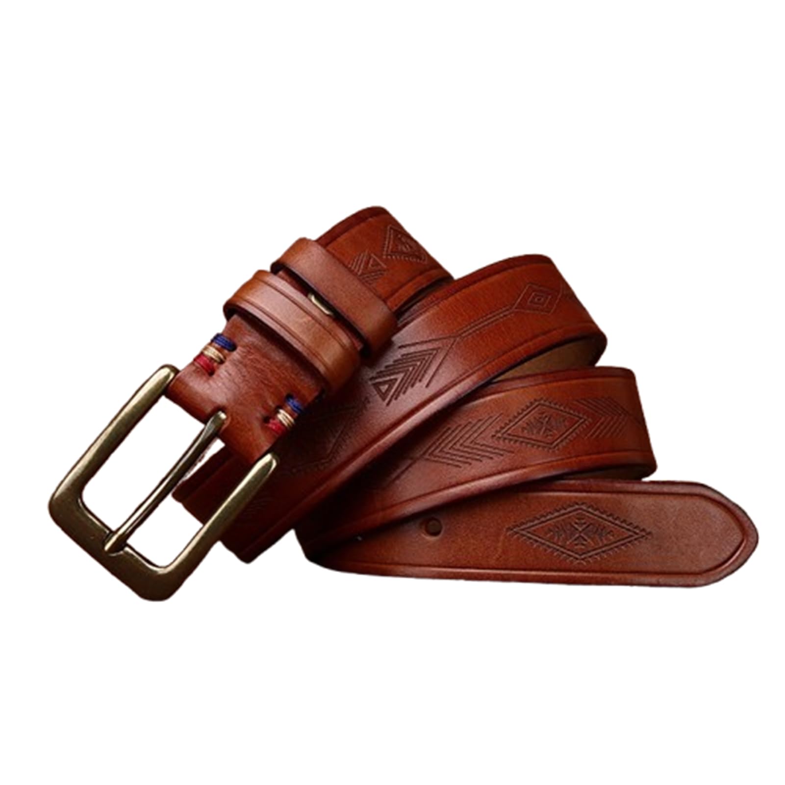 Prägung Gürtel 3.3cm Breit 4.5mm Dick, Handgemacht Vollrindleder Schnitzen Western Muster Ledergürtel mit Gürtelschnallen Golden Metall Dornschließe(125cm/49, Brown)