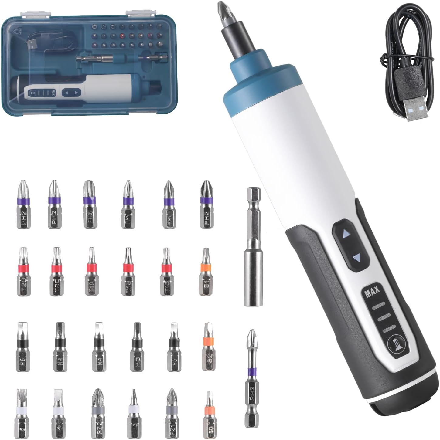Hantinstom 3.7V Cordless Stick Screwdriver with 26-Piece Bit Set – Compact Power Screwdriver Kit, Magnetic & Micro Screwdriver Set, LED Light, USB Charging Cable, Carrying Case
