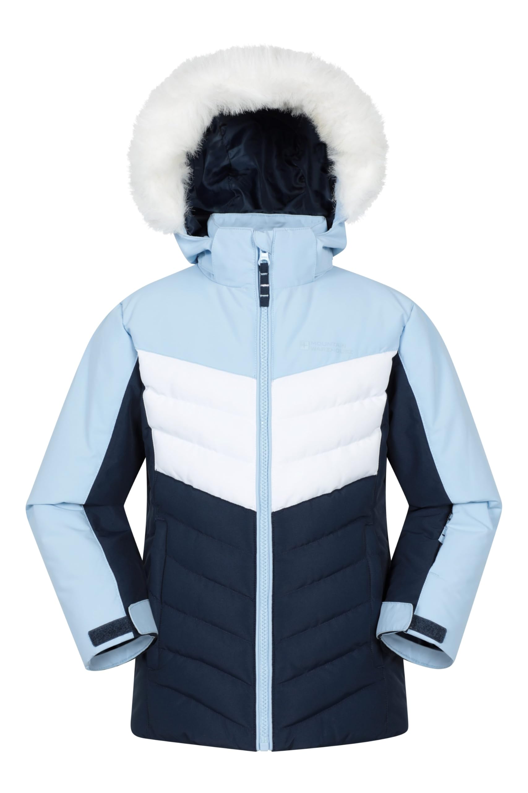 Mountain Warehouse Arctic Padded Kids Ski Jacket - Water Resistant, Breathable, Integrated Snowskirt, Detachable Hood, Faux Fur -For Snowboarding, Winter Sports Pale Blue Kids Size 7-8 Years