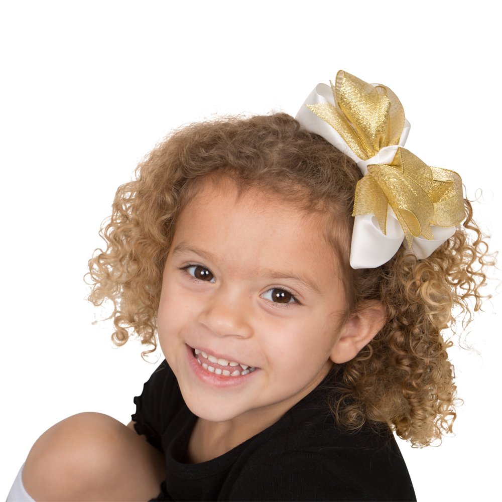 juDanzy Large Gold and Cream Shimmer Hair Clip Bow for Girls, (Large) Gold Shimmer Bow - Image 2