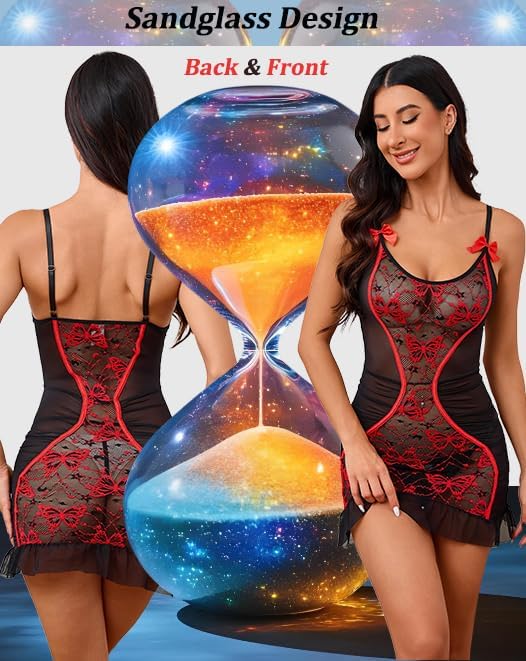 Women's Chemises & Negligees for Women Sexy, Hourglass Silhouette Cinched Waist,Butterfly Lace Sheer Lingerie Nightgown - Image 4