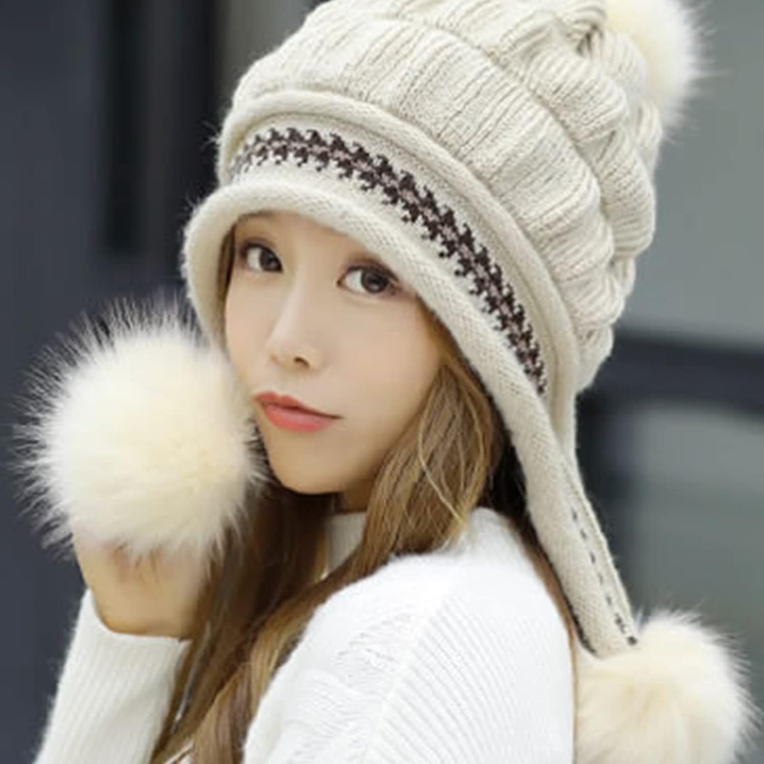 Gorro de Invierno para Mujer, Gorro de Punto de Invierno con pompón, Gorro de Punto de Felpa y protección para los oídos cálido y Grueso para otoño e Invierno