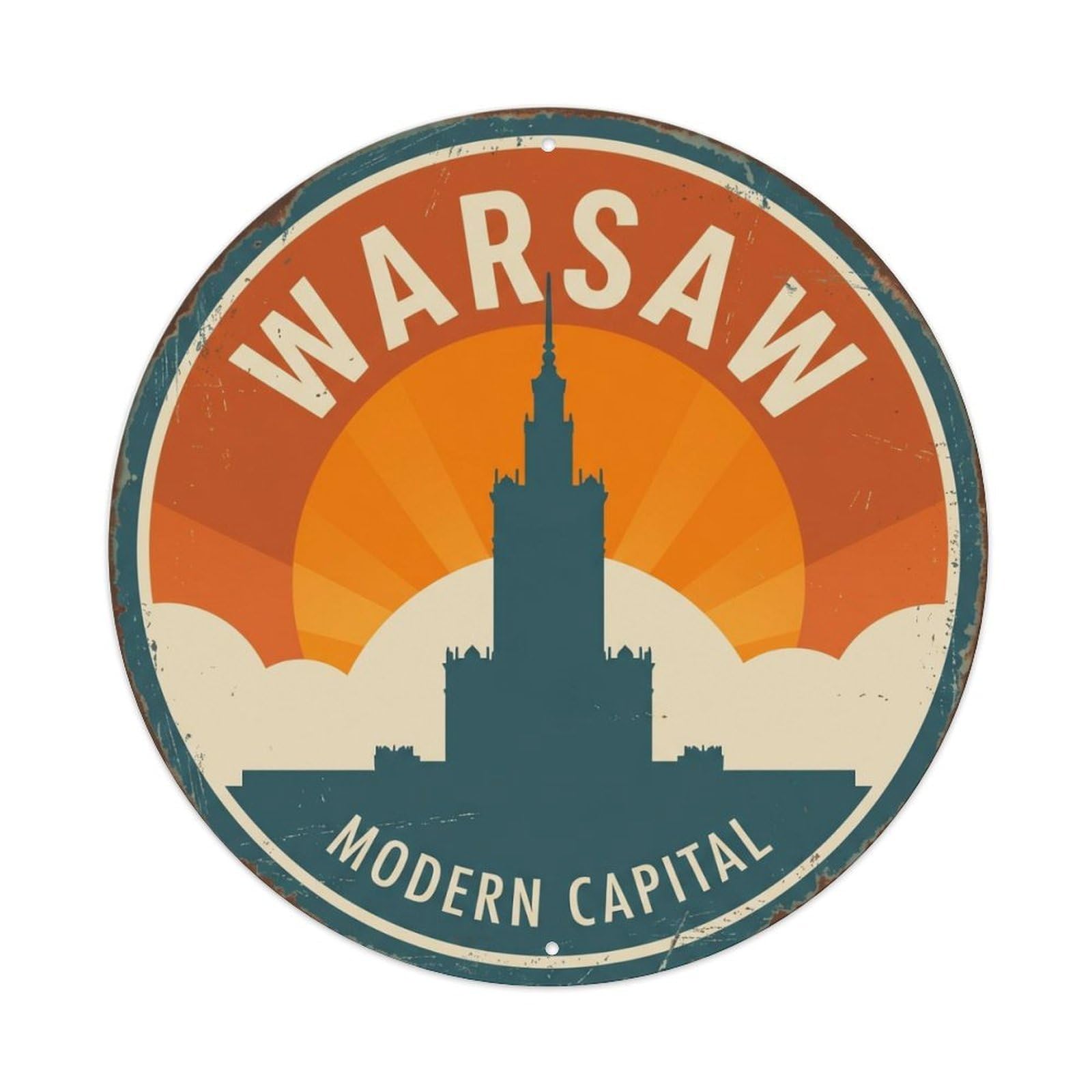 Vintage Travel Warsaw Skyline Poland Metal Tin Sign Plaque Wall Decor for Cafe, Club Bar, Office, Home Garden Round Metal Poster 8x8Inch