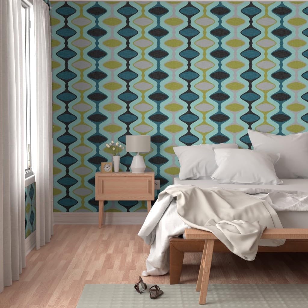 Peel & Stick Wallpaper 9ft x 2ft - Mid Century Modern, Ogee, 1960S, Stripe, Teal, Olive, Aqua, Retro, Vintage Custom Removable Wallpaper by Spoonflower