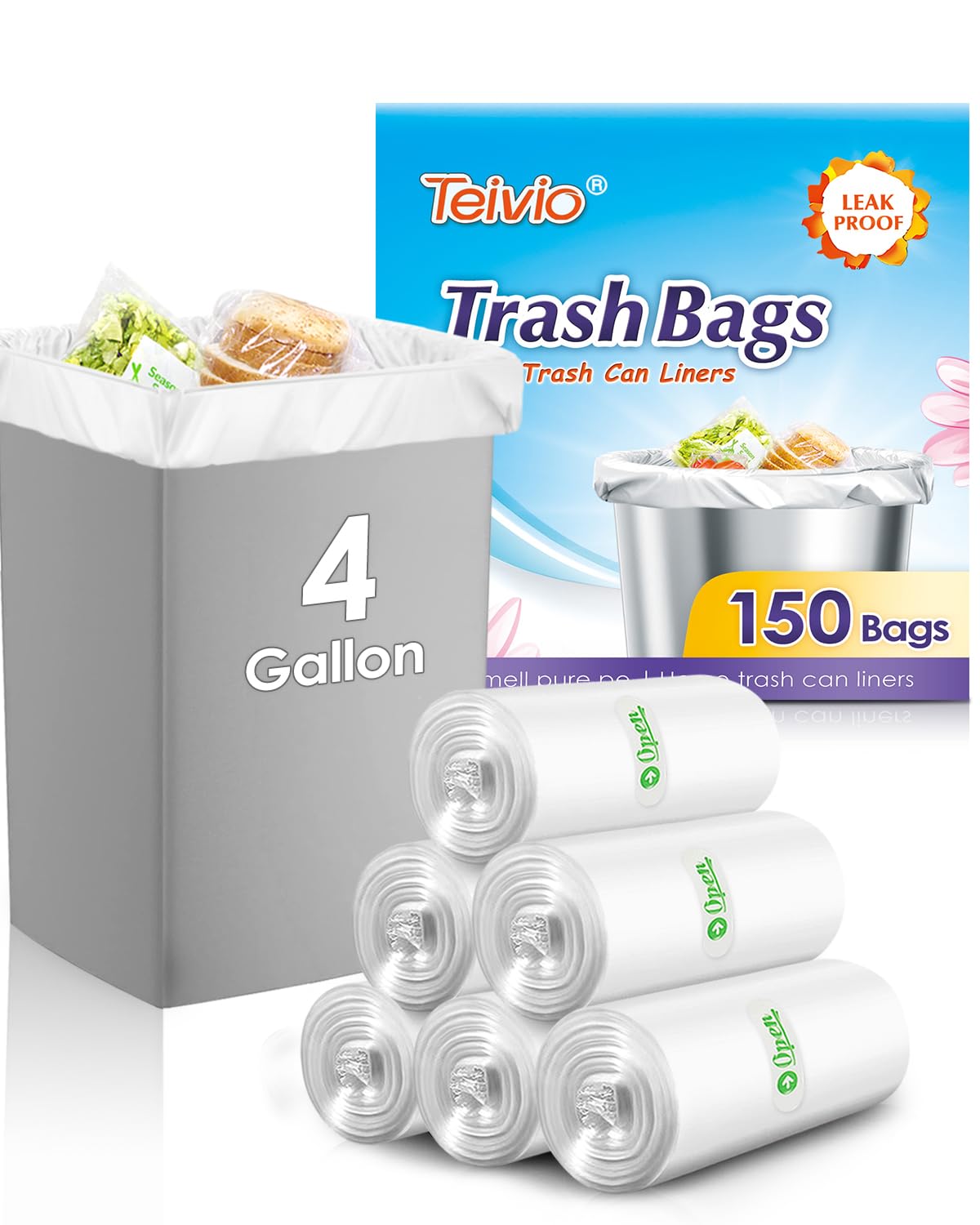 Teivio Bolsas de basura pequeñas transparentes de 4 galones, 150 unidades