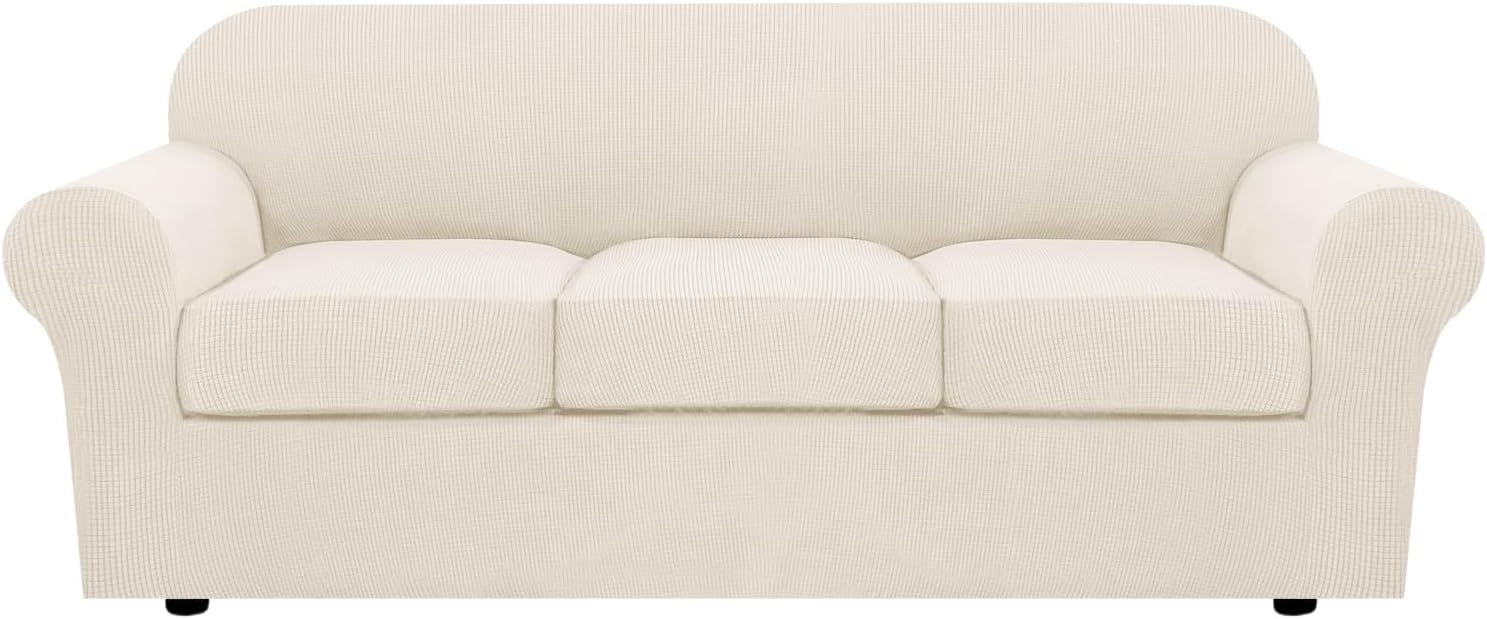 H.VERSAILTEX 4 Piece Stretch Sofa Covers for 3 Cushion Couch Covers for Living Room Furniture (Base Cover Plus 3 Seat Cushion Covers) Upgraded Thicker Jacquard Fabric (Sofa, Porcelain) Large Porcelain
