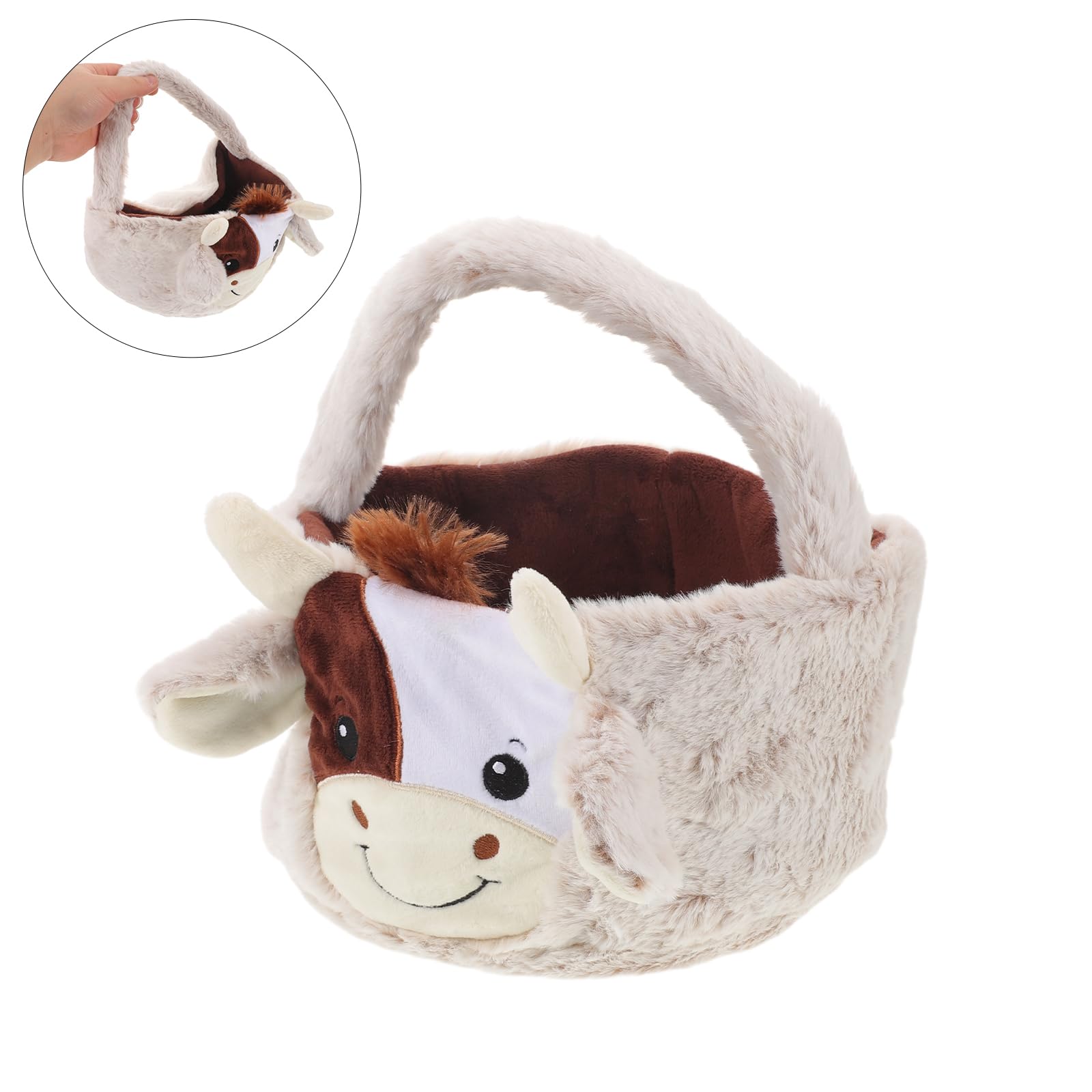 Cestino di Pasqua Morbido a Forma di Mucca Pasquale in Peluche con Manico, Borsa a Secchiello la Caccia alle Uova e Decorazioni Pasquali