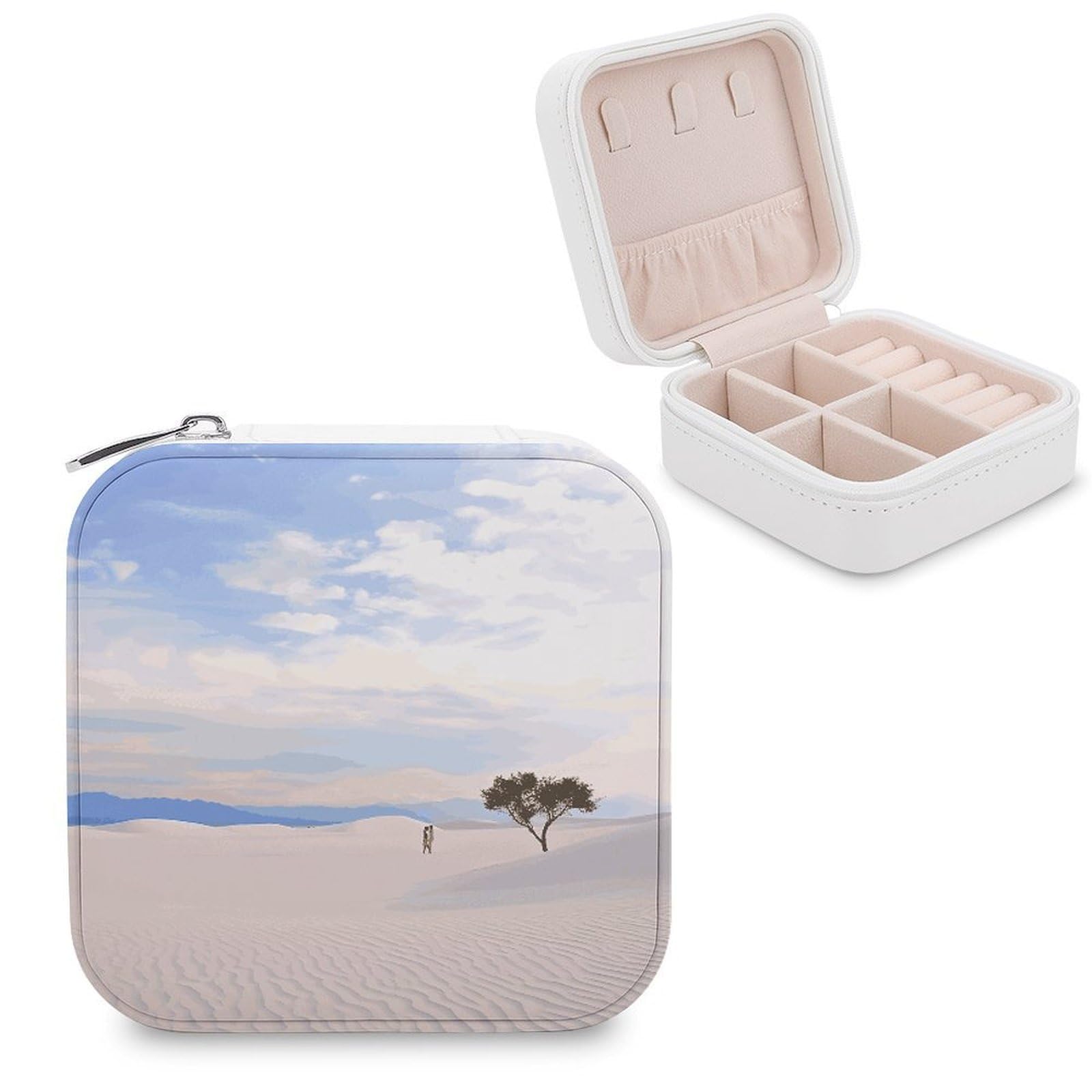 MUSM Romantic White Sand Landscape Travel Jewelry Case Personalized PU Leather Jewelry Boxes for Women Small Portable Jewelry Organizer Box Cute Trinket Box for Necklaces Rings Earrings & Gifts