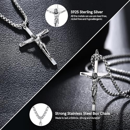 FANCIME Crucifix Cross Necklace Polished Crucifix Necklace Sterling Silver Fine Jewelry Gifts for Him Men, Strong Stainless Steel Box Chain Length 24 Inch3