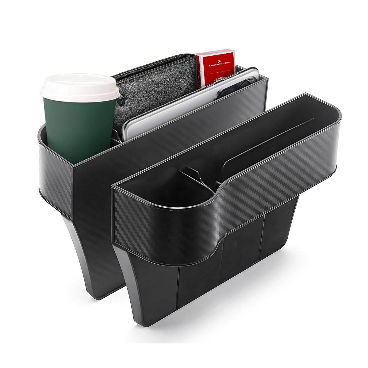 CGEAMDY Paquete de 2 organizadores para hueco de asiento de automóvil, caja de almacenamiento multifuncional con portavasos, bolsillos extra laterales de consola con cargador USB para automóvil
