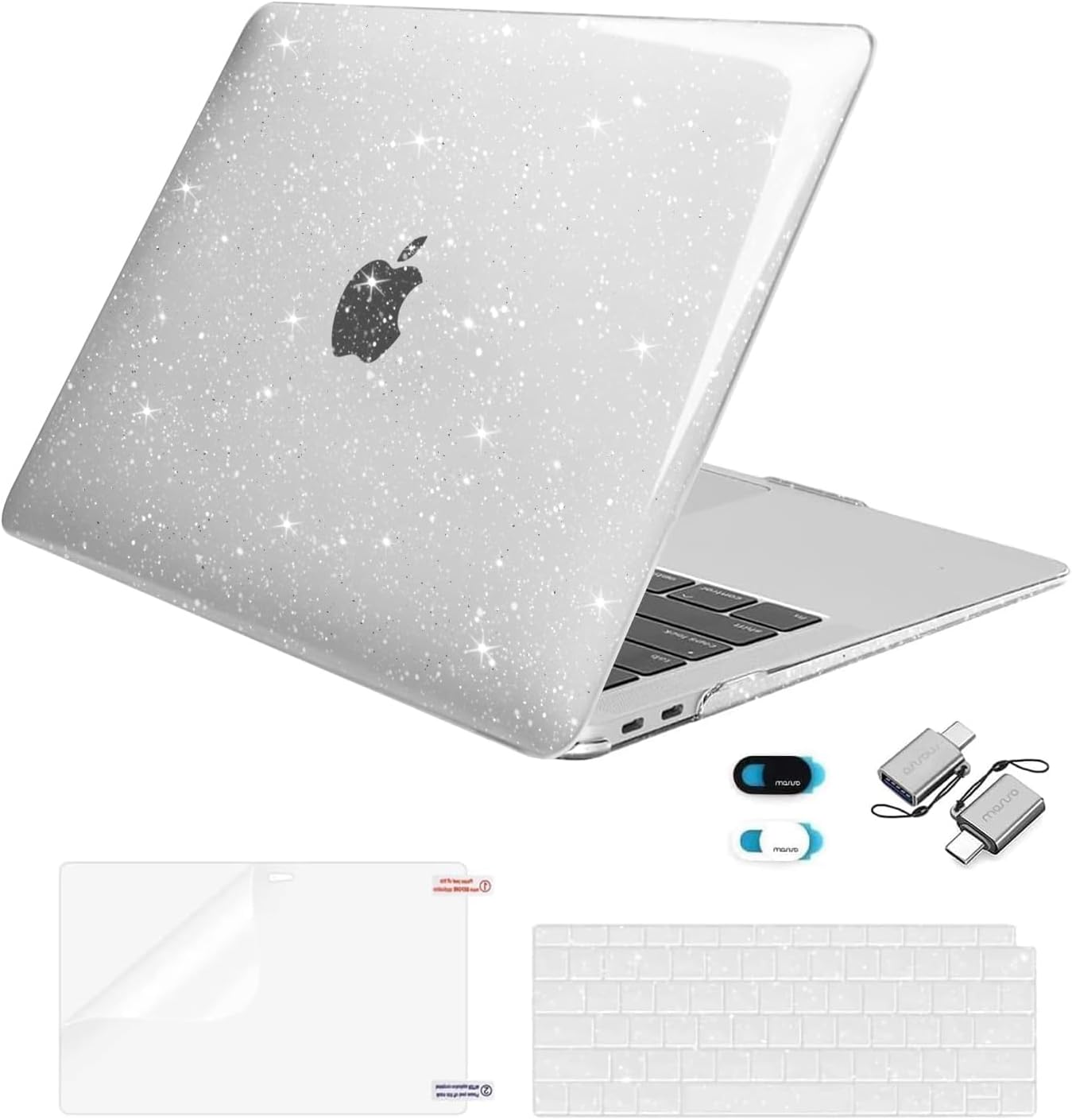 MOSISO Compatible with MacBook Air 13 inch Case 2022 2021 2020 2019 2018 Release A2337 M1 A2179 A1932, Sparkly Glitter Plastic Hard Case&Keyboard Cover&Screen Film&Webcam Cover&Type C,Transparent