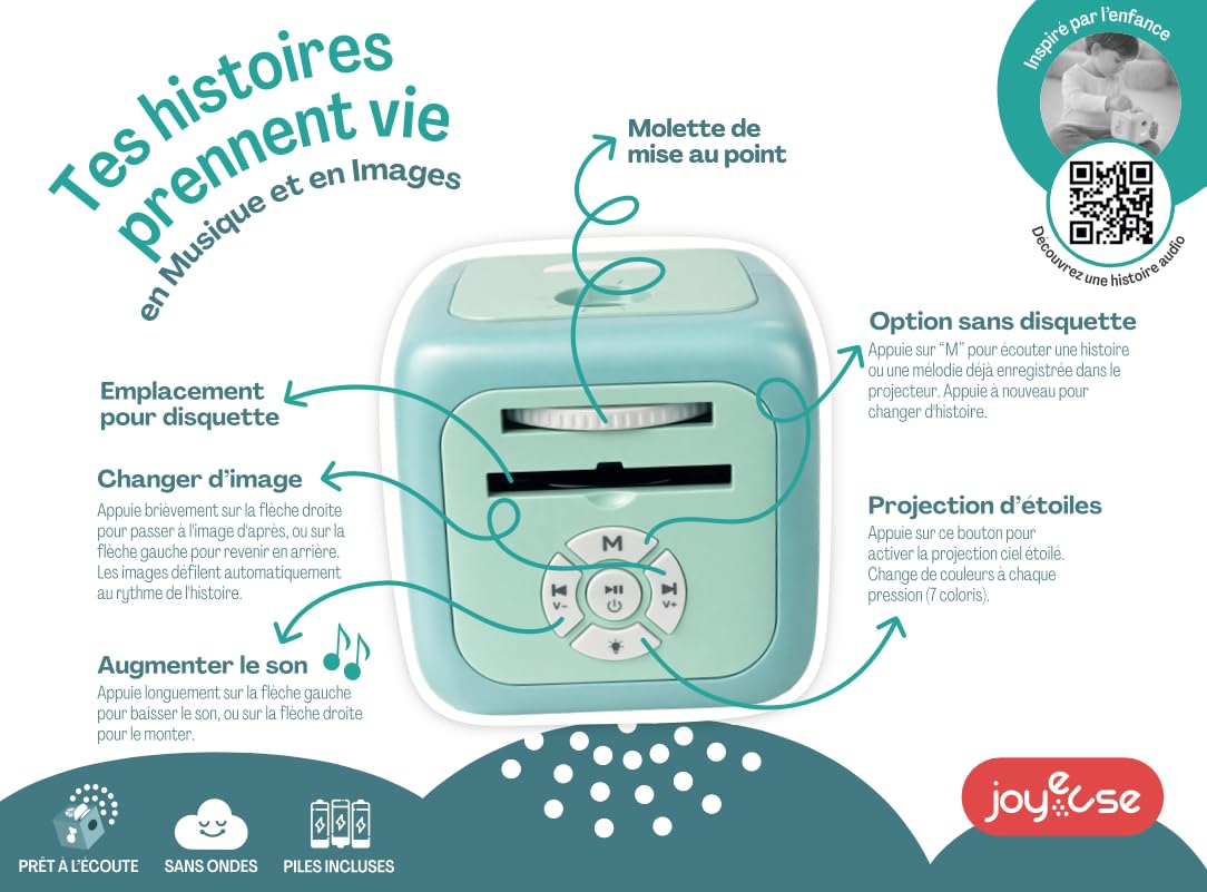 Joyeuse - Proyector Musical para Niños con Historias y Canciones Infantiles - Despertar Musical - Luz Nocturna - Proyección Estelar - 8 Discos Integrados - Pilas Incluidas - Desde 3 años
