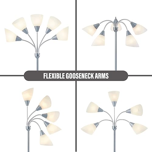 Miniatura 6 de HonoDing Medusa - Lámparas de pie de 5 cabezales luz de lectura ajustable pantalla grande uso E26 A19 lámparas de pie para sala de estar y