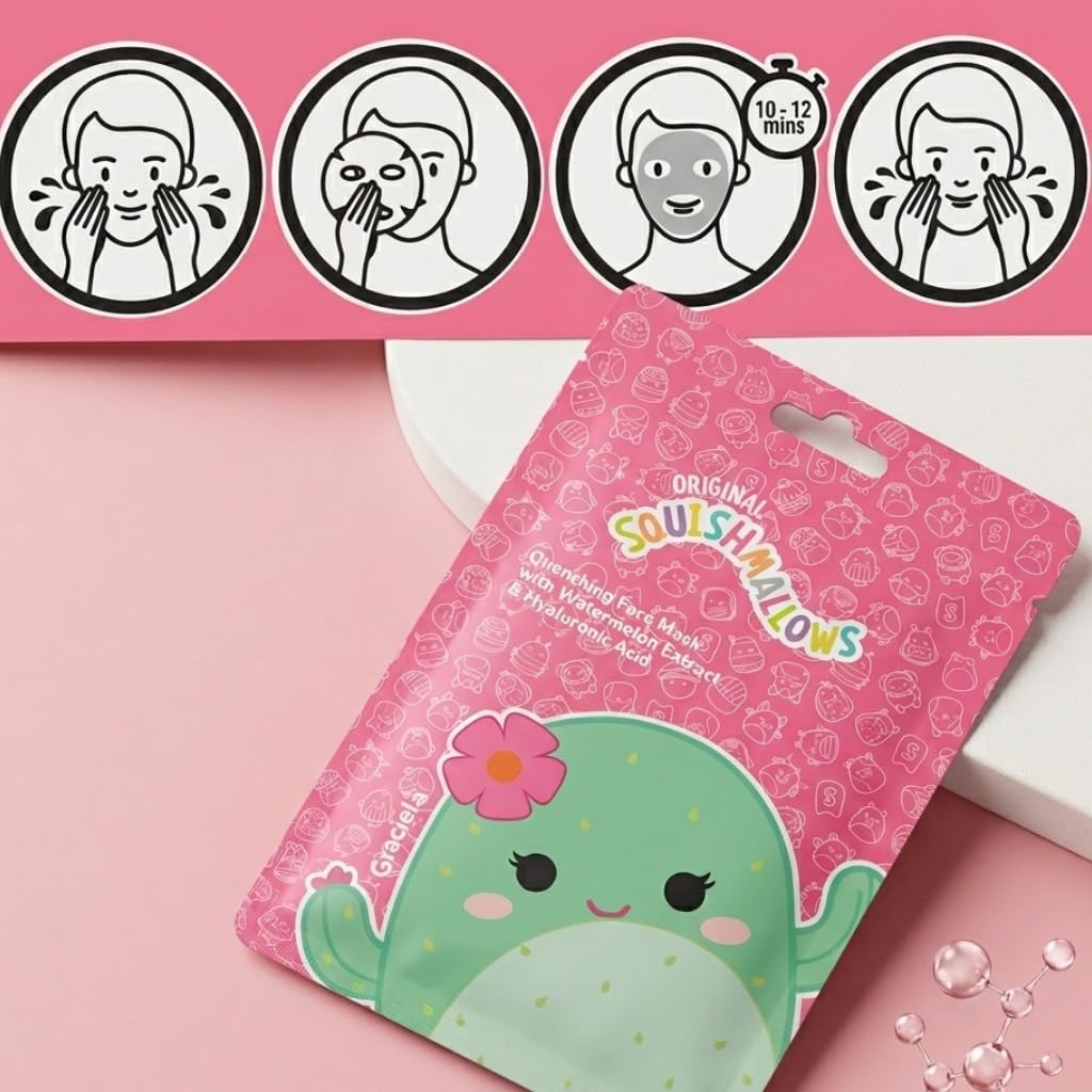 5-częściowy zestaw maseczek do twarzy Squishmallows - kokos, truskawka, mango, jagoda i arbuz, idealne na nocowanie dla dziewcząt lub zabawne piżamy.