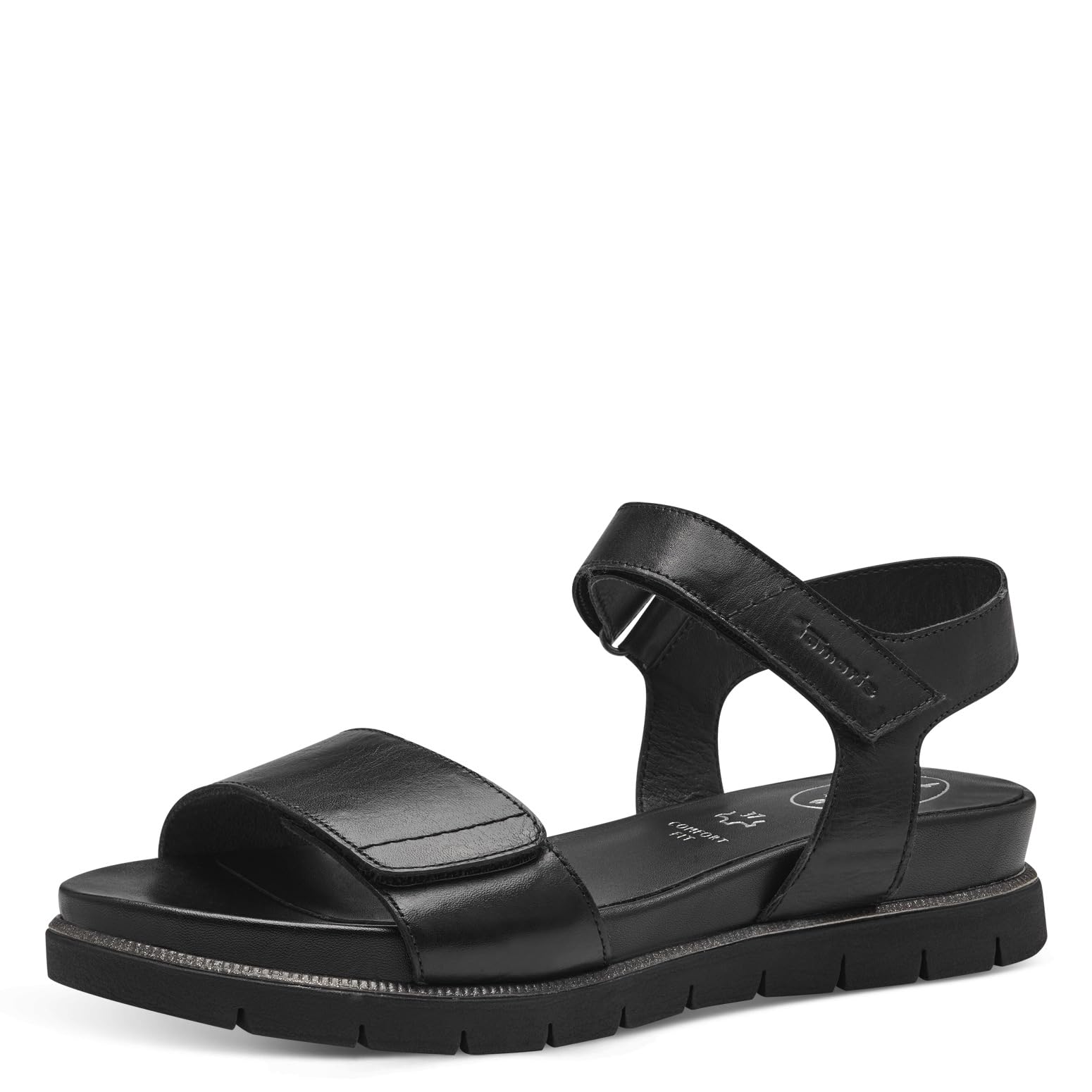 Tamaris Comfort Women’s Flat Leather Sandals with Velcro, Black Nappa, 6 UK