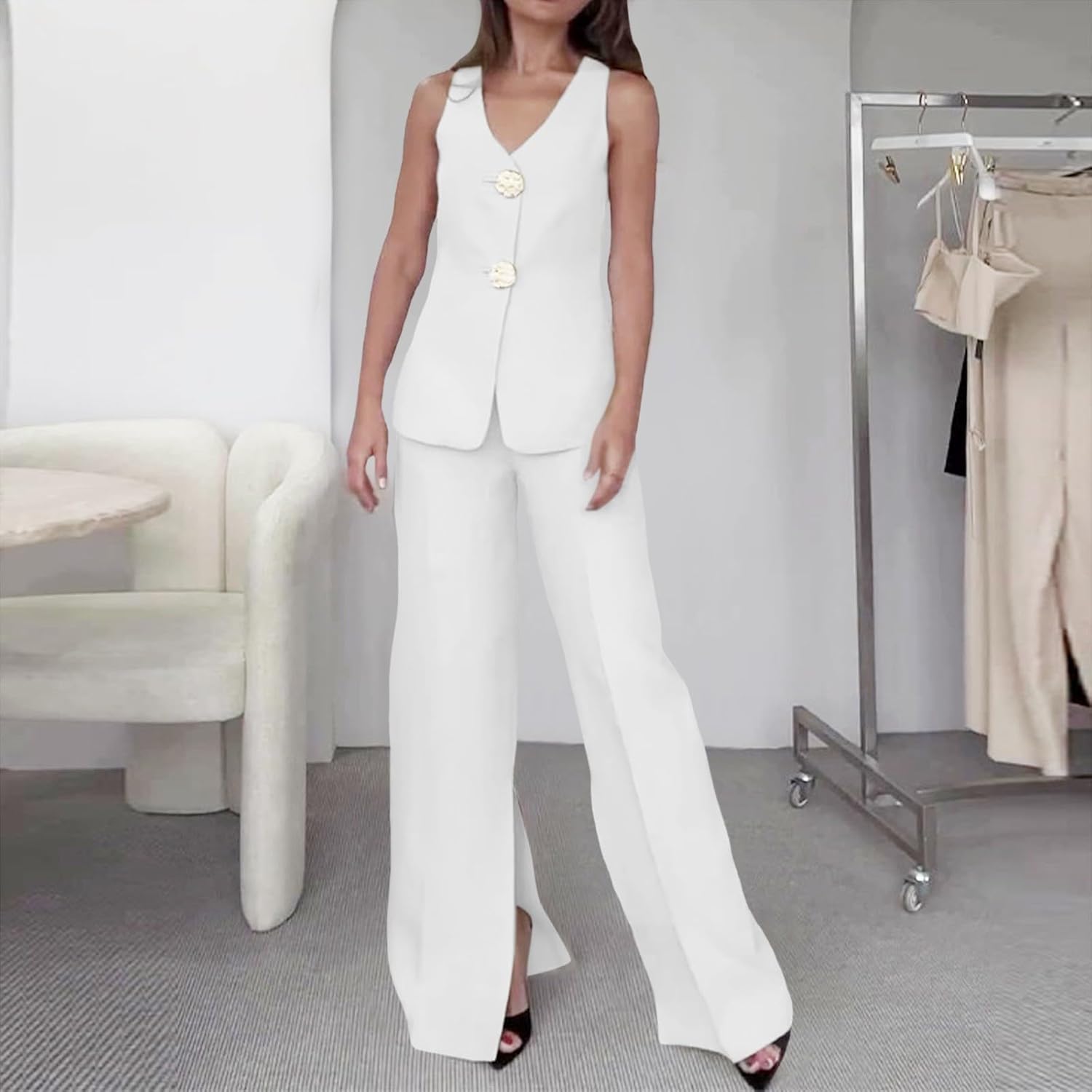 Women's Business Casual Set Sleeveless Suit Vest and Wide Leg Pants Summer Work Outfit