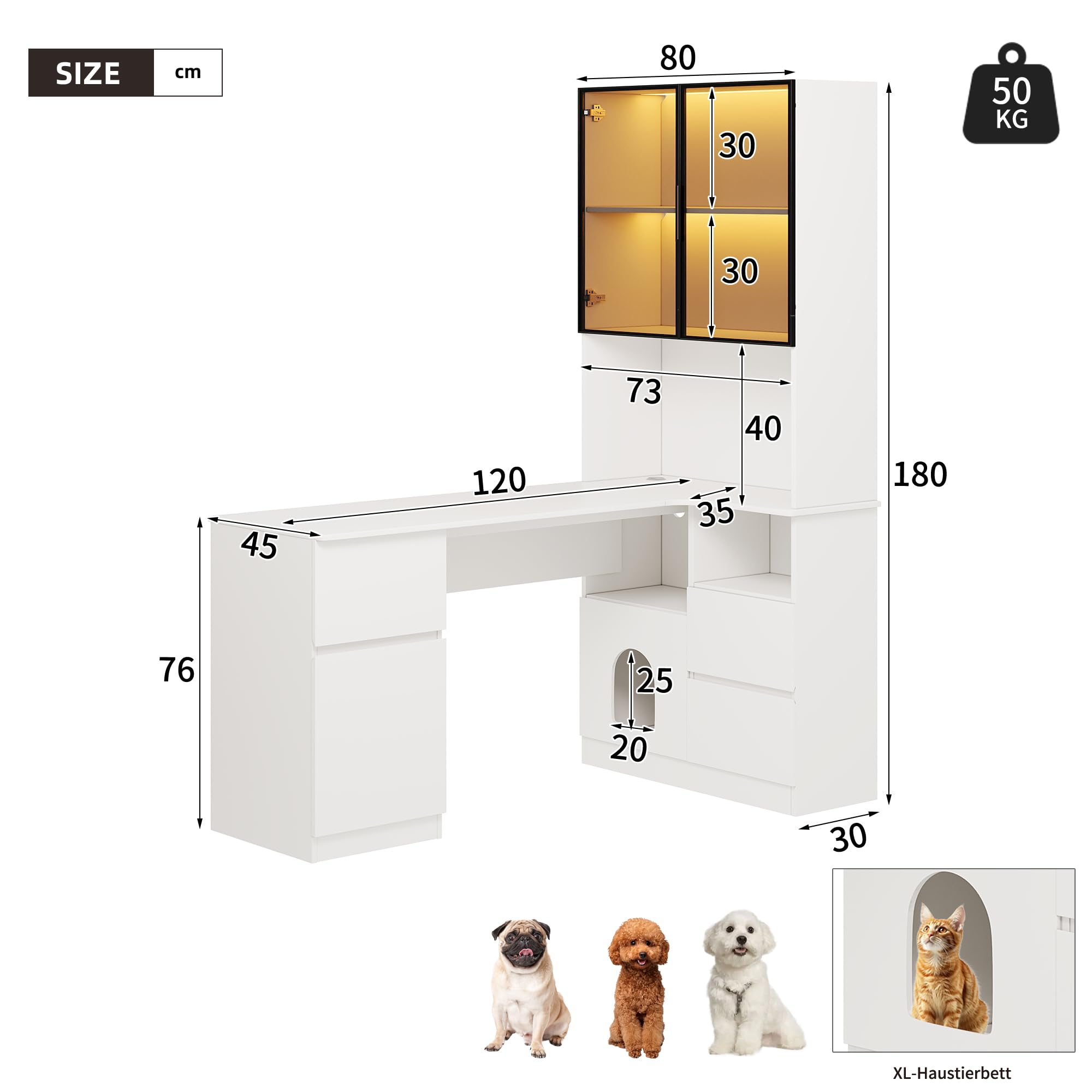 Kebnor Escritorio esquinero con estante y armario de vitrina LED 120 × 80 × 180 cm – Escritorio con pasacables, 3 cajones, 2 puertas, compartimentos abiertos, un escritorio de esquina con estantería