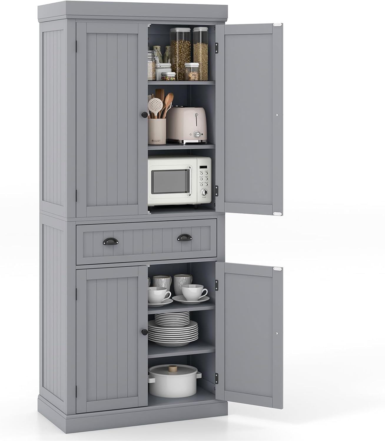Tangkula 72" H Kitchen Pantry Cupboard Cabinet, Traditional Freestanding Large Tall Storage Cabinet with 2 Cabinets and Drawer, Adjustable Shelves, for Living Room Kitchen, 30 x 16 x 72 Inch