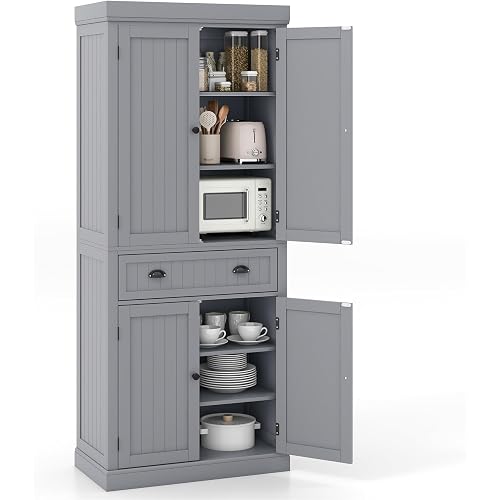 Tangkula 72" H Kitchen Pantry Cupboard Cabinet, Traditional Freestanding Large Tall Storage Cabinet with 2 Cabinets and Drawer, Adjustable Shelves, for Living Room Kitchen, 30 x 16 x 72 Inch