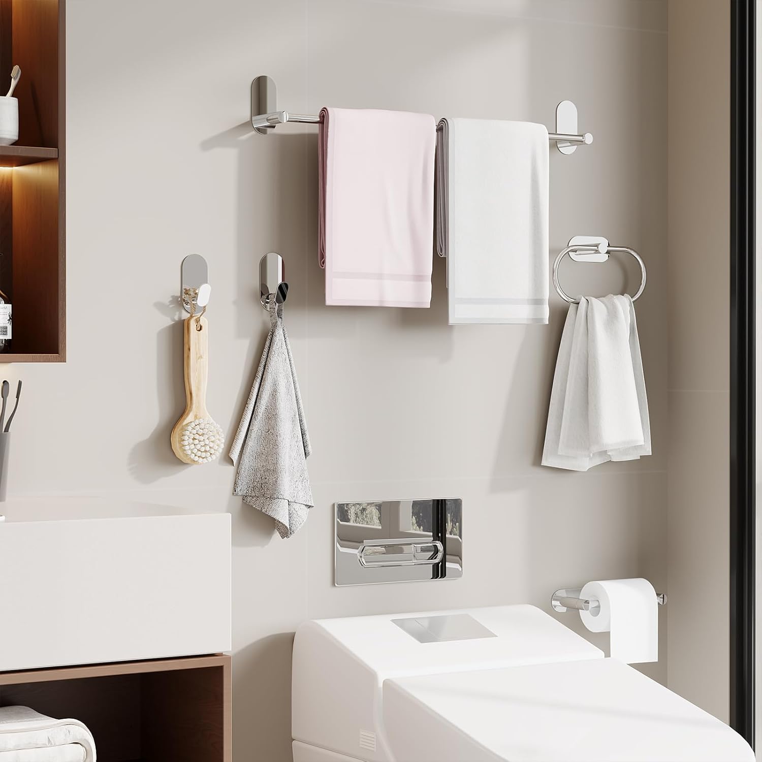 Adhesive Towel Hooks for Bathrooms 2 Pack Polished Chrome Stainless Steel and Zinc Alloy Sticky Wall Hooks for Hanging Heavy Duty Self Adhesive Robe Shower Hanger for Kitchen, Closet, Cabinet, Door