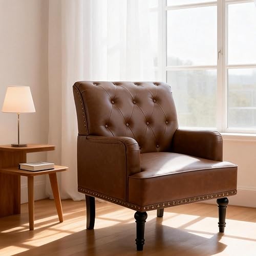Miniatura 10 de MOJAY Silla decorativa de piel sintética, sillón de mediados de siglo con patas de madera de goma, silla de club con ribete de remache para