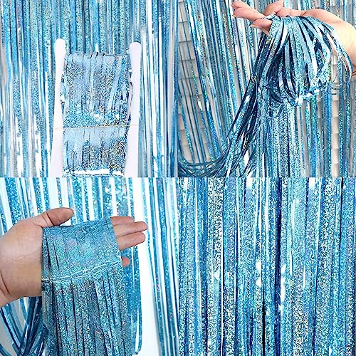 Image of 4Pcs Light Blue Fringe Backdrop 12.8x8.2 Feet Sparkle Metallic Tinsel Foil Fringe Curtain, Light Blue Fringe Curtains Door Streamers for Birthday Baby Shower Bachelorette Christmas Party Decorations