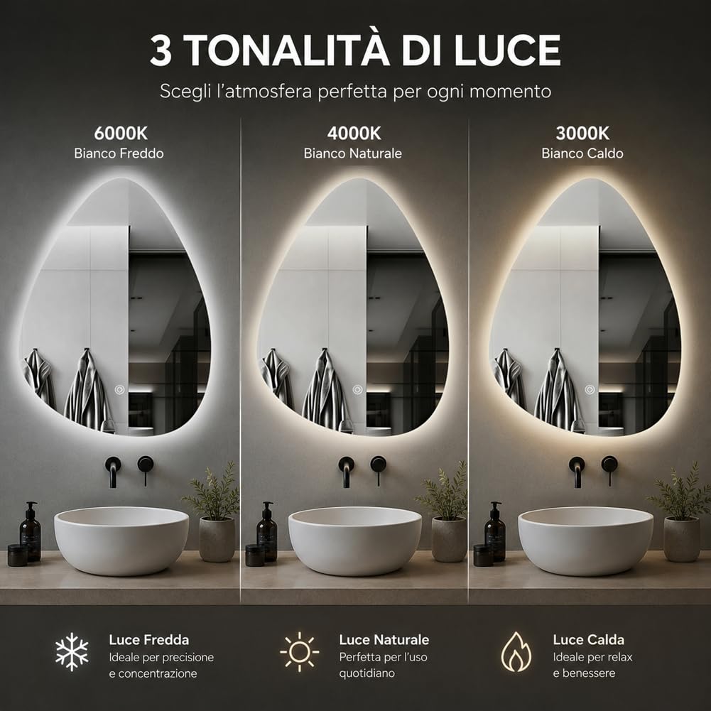Shally Dogan Specchio Goccia da Parete con Led Dimmerabile a 3 Colori, Bianco Freddo, Caldo e Naturale, Accensione con Touch, Decorazione da Muro Design Moderno e Salvaspazio