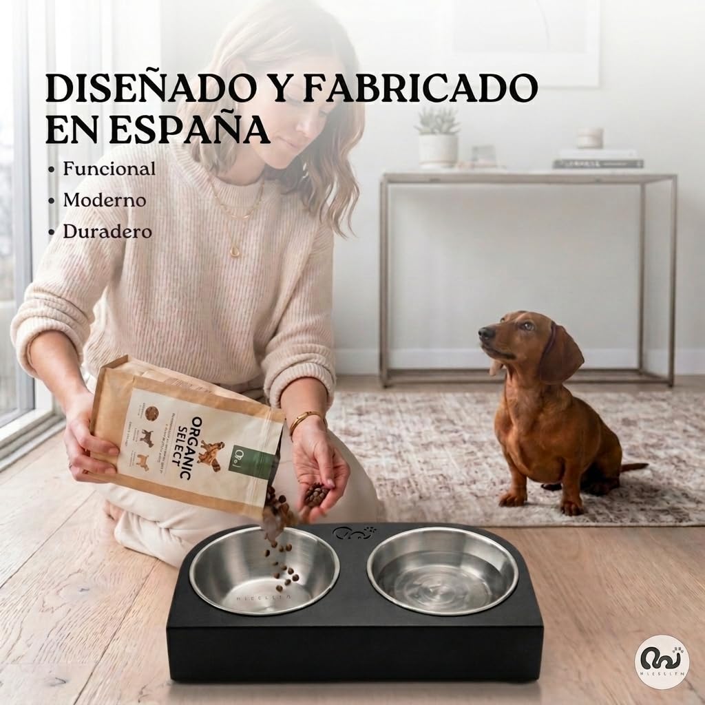 Comedero Perro Elevado para Perros Pequeños, Comedero Gato Elevado Antideslizante y Antibacteriano, Cuencos de Acero Inoxidable, Diseñado y Fabricado en España (Negro, S)