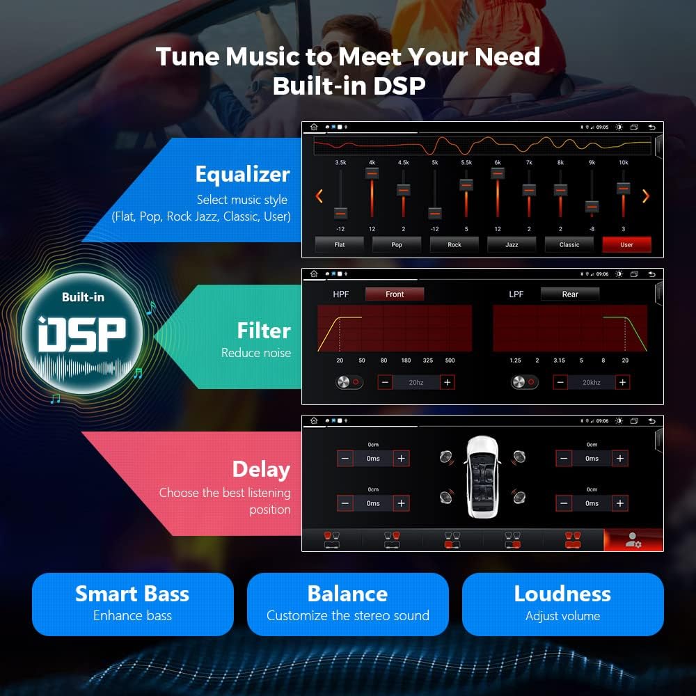 DSP settings interface showing equalizer, filter, and delay adjustments