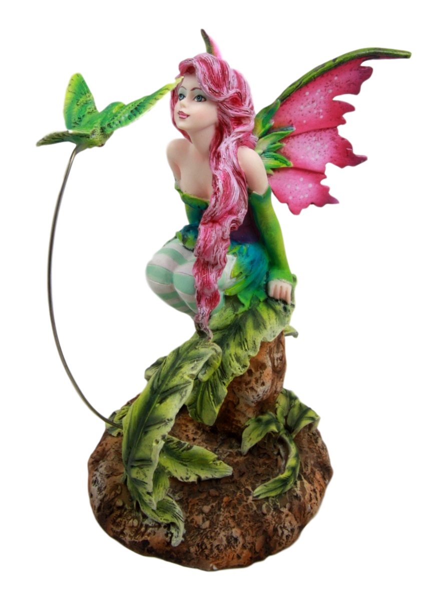 Ebros Gift Amy Brown Magenta Fern Forest Fairy with Flirting Hummingbird Figurine 6" H Fairy Garden Elf Fairies Pixies Enchanted Woods Collection