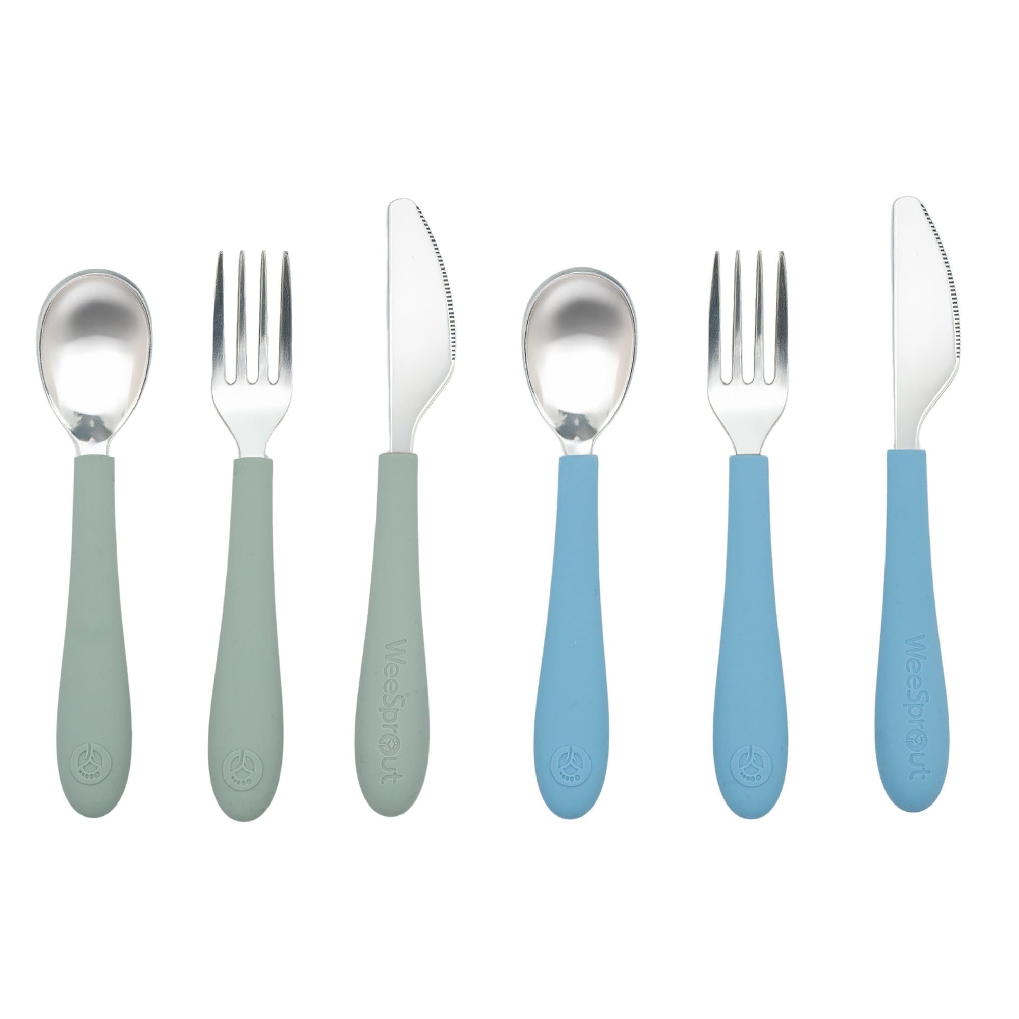 Kids Stainless Steel Utensils Set - Premium 18/8 Grade Silverware Kit - 2 Spoons, 2 Forks, and 2 Knives for Ages 4-7 - Silicone Easy-Grip Handles - Children Flatware Cutlery (Matte - Green, Blue)
