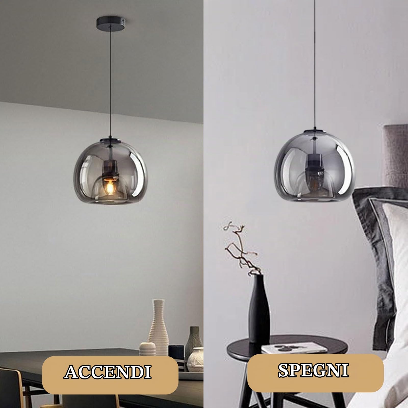 Lampadario moderno in vetro grigio fumé/ambra, lampade a sospensione in ferro da 9 pollici, illuminazione a sospensione regolabile in altezza per camera da letto Isola cucina Sala da pranzo Soggiorno