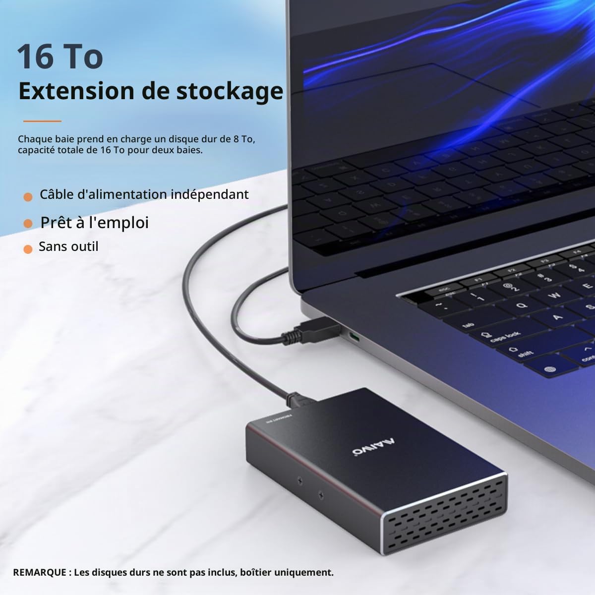 MAIWO Dual Bay Boîtier Raid SATA 2,5", boîtier de Disque Dur Externe pour Disque Dur SSD SATA 2,5", Raid 0/1, USB 3.0 6 Gbps avec UASP, capacité de 16 to, Aluminium