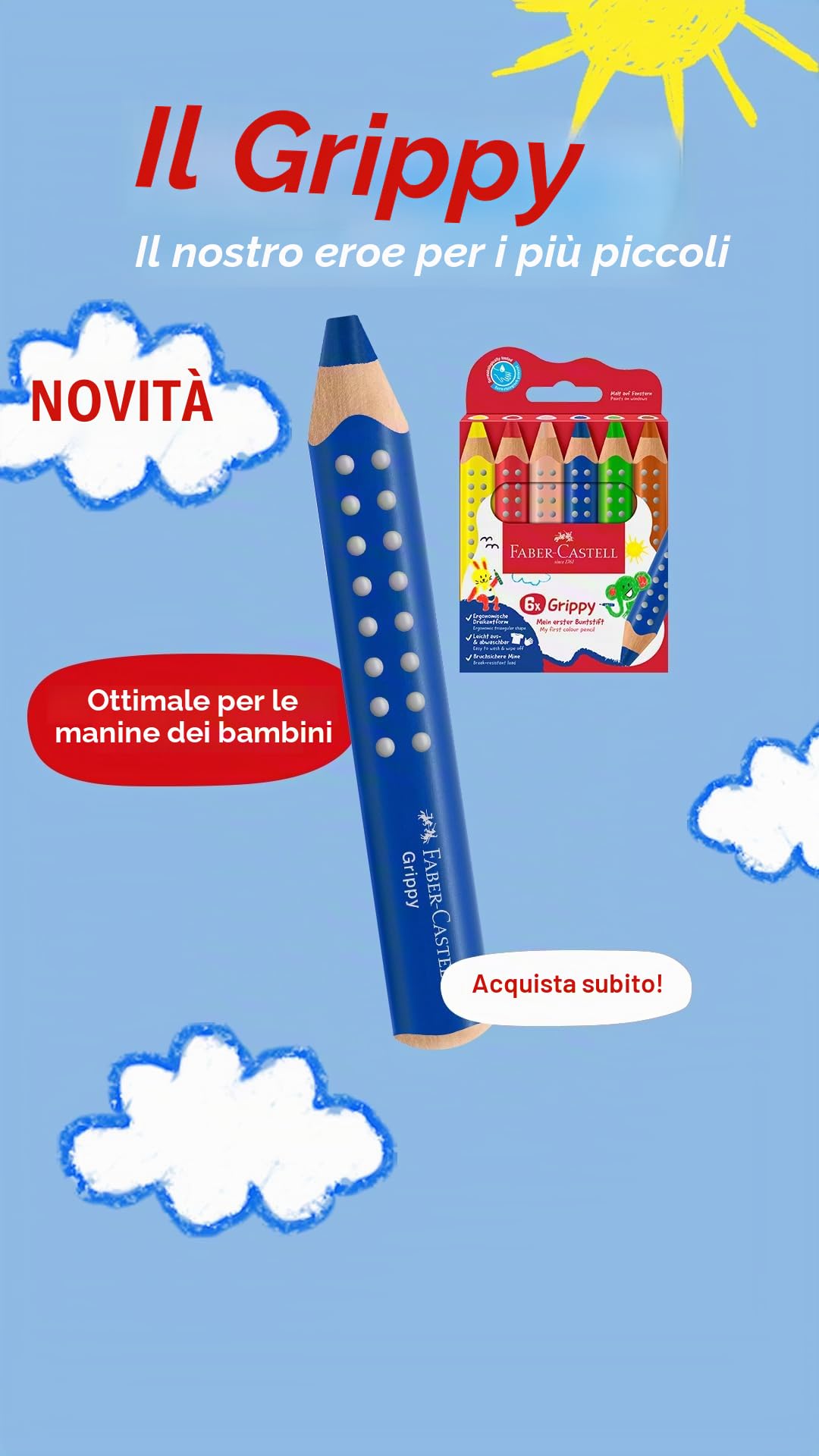 Faber-Castell 110636 Set Grippy, 10 Matitoni Colorati per Bambini Jumbo, Facilmente Lavabili, Forma Ergonomica Triangolare e Mina Spessa 10mm, Temperino Incluso