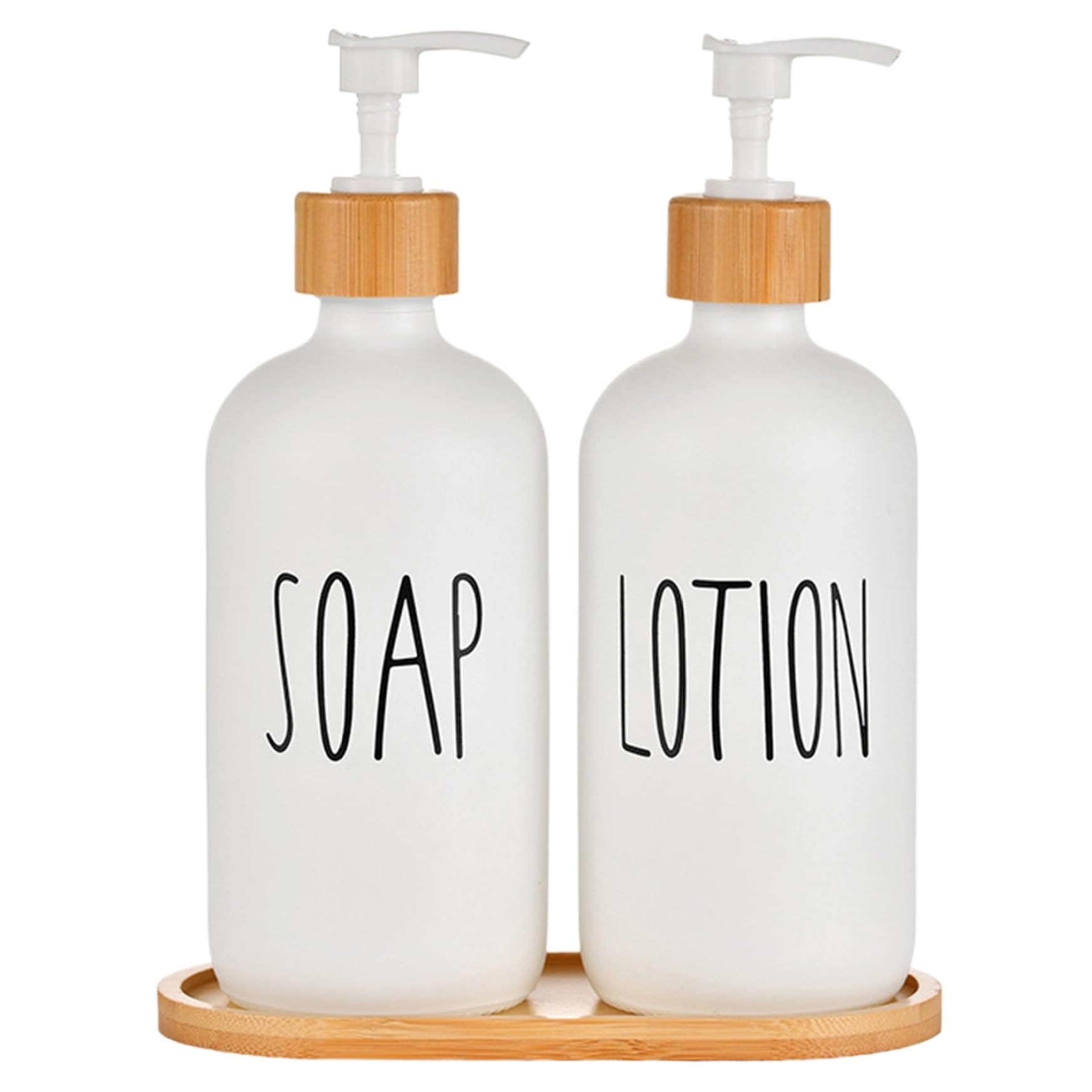 Xvhoab White 2Pcs Hand Soap Dispenser With Tray 17Oz Easy-To-Press Pump Soap Dispenser Glass Countryside Bamboo Refillable Kitchen For Dish Bathroom Lotion (White)