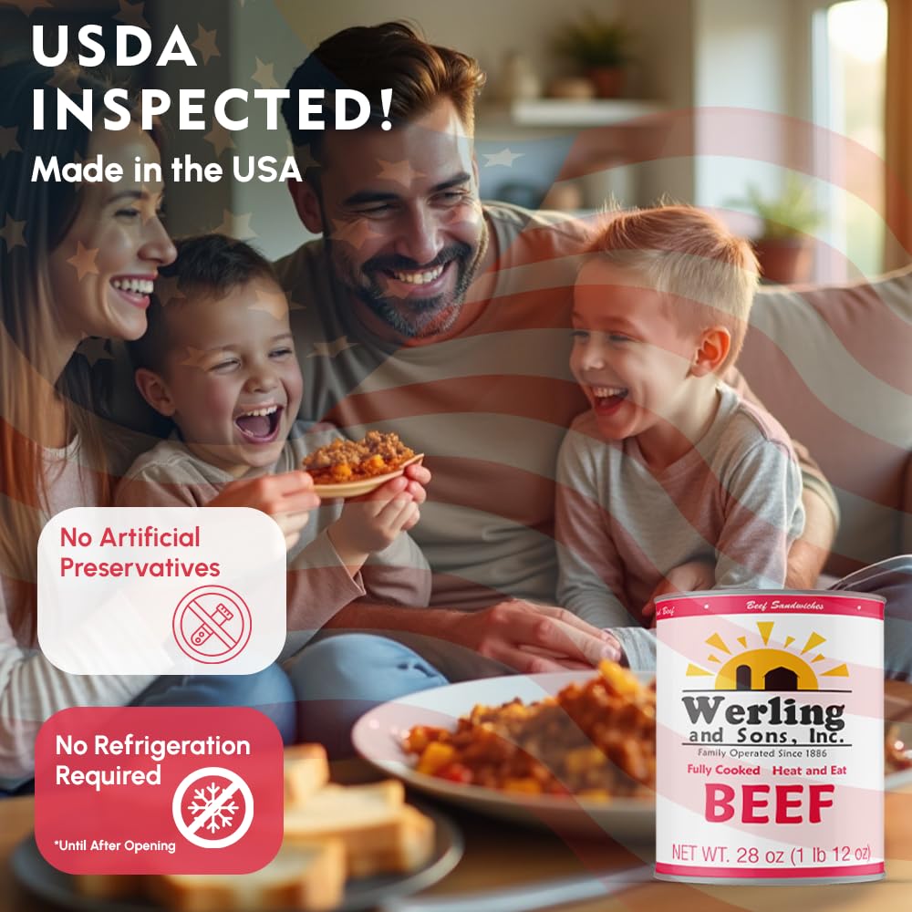 Werling Meats Canned Beef 28 Oz Fully Cooked, Heat & Eat | Shelf Stable Canned Meat for Pantry Staples, Everyday Meals, Camping, Hiking, Emergency & Survival | 5-Year Shelf Life | Made in USA | 6 Pack