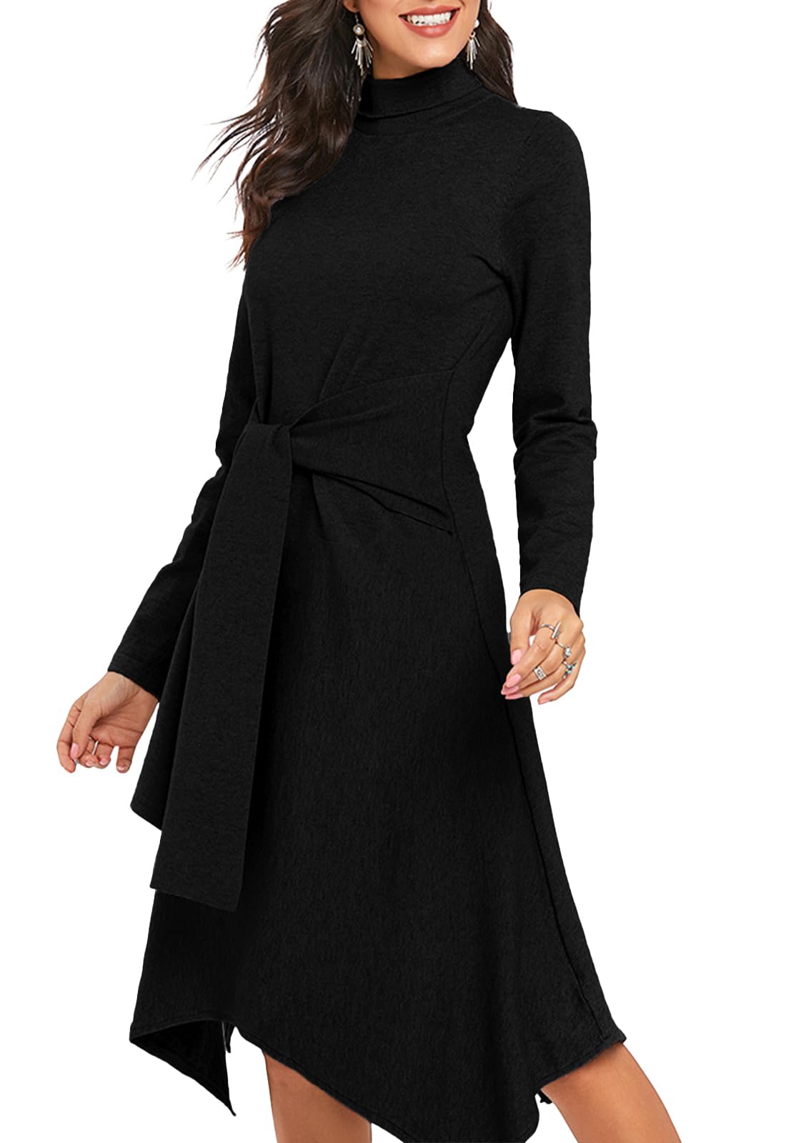JayscreateEU Abito da donna in maglia per l'autunno, l'inverno, l'autunno, l'autunno, l'autunno, l'autunno, il vestito midi con collo alto, a maniche lunghe, con cintura, abito caldo ad A