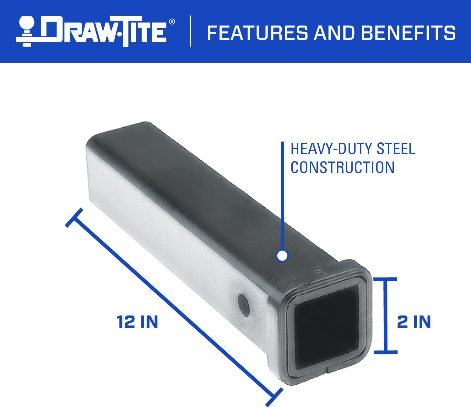 Draw-Tite 2851 Receiver Fabrication Part, 2 Inch Square Receiver, 12 Inch Length, Unpainted