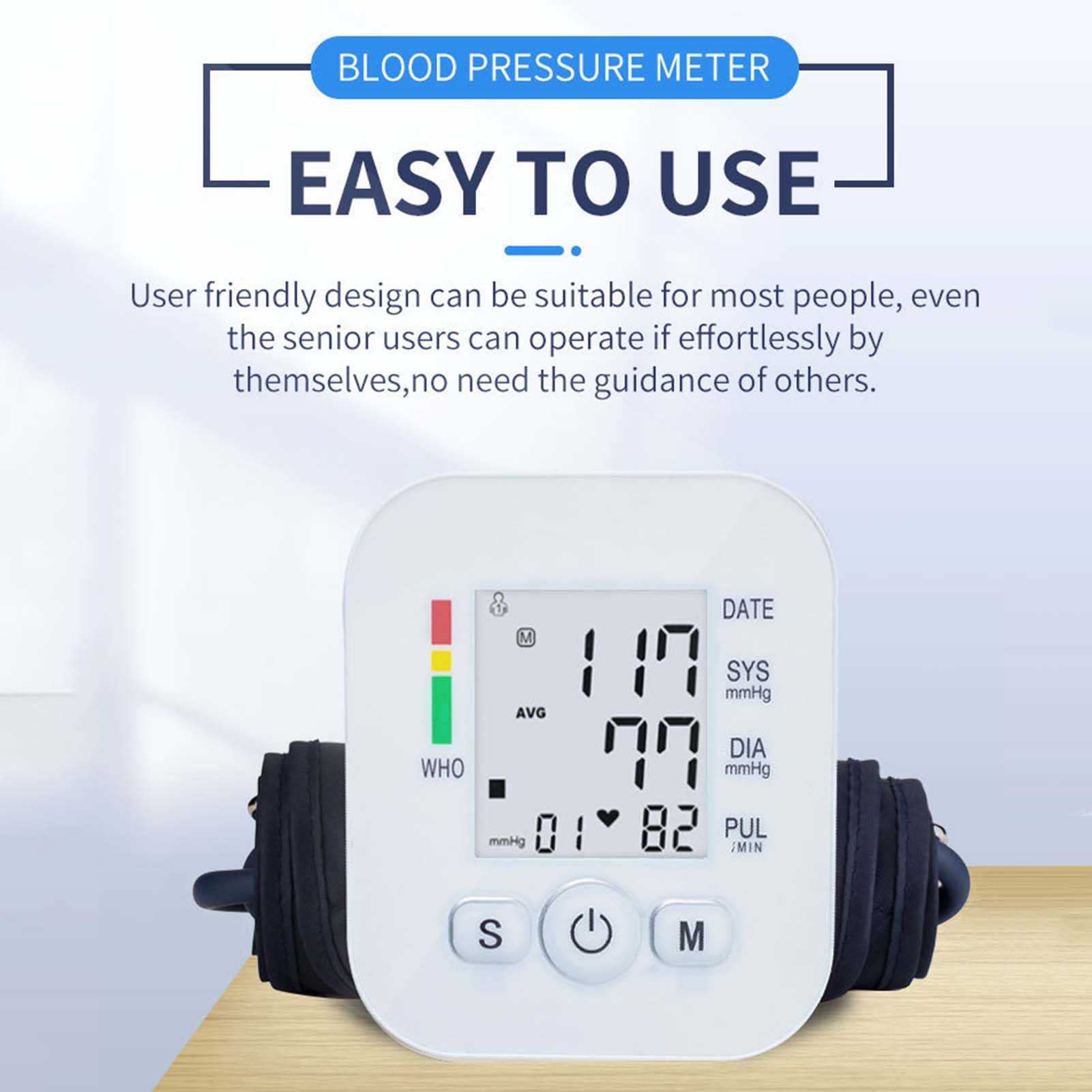 Esfigmomanómetro Arm Home, Alimentado por USB, presurización Completamente automática, Pantalla Grande, transmisión de Voz, Monitor de presión Arterial multifunción (Blanco)