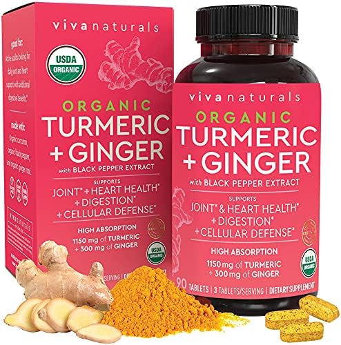 Organic Turmeric and Ginger Supplement - Turmeric Curcumin with Black Pepper for Joint Support & Heart Health, Includes Organic Ginger for Digestive Health, Certified Organic, 90 Tablets