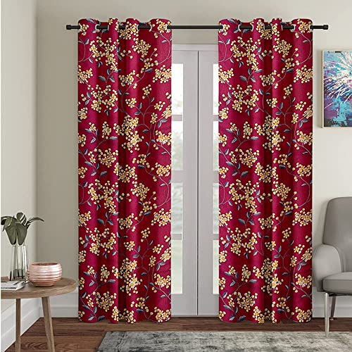 Cortina 2 Piece Floral Design Panel Eyelet Polyester Window Light-Filtering Curtain-5-Feet, Maroon, Rectangular