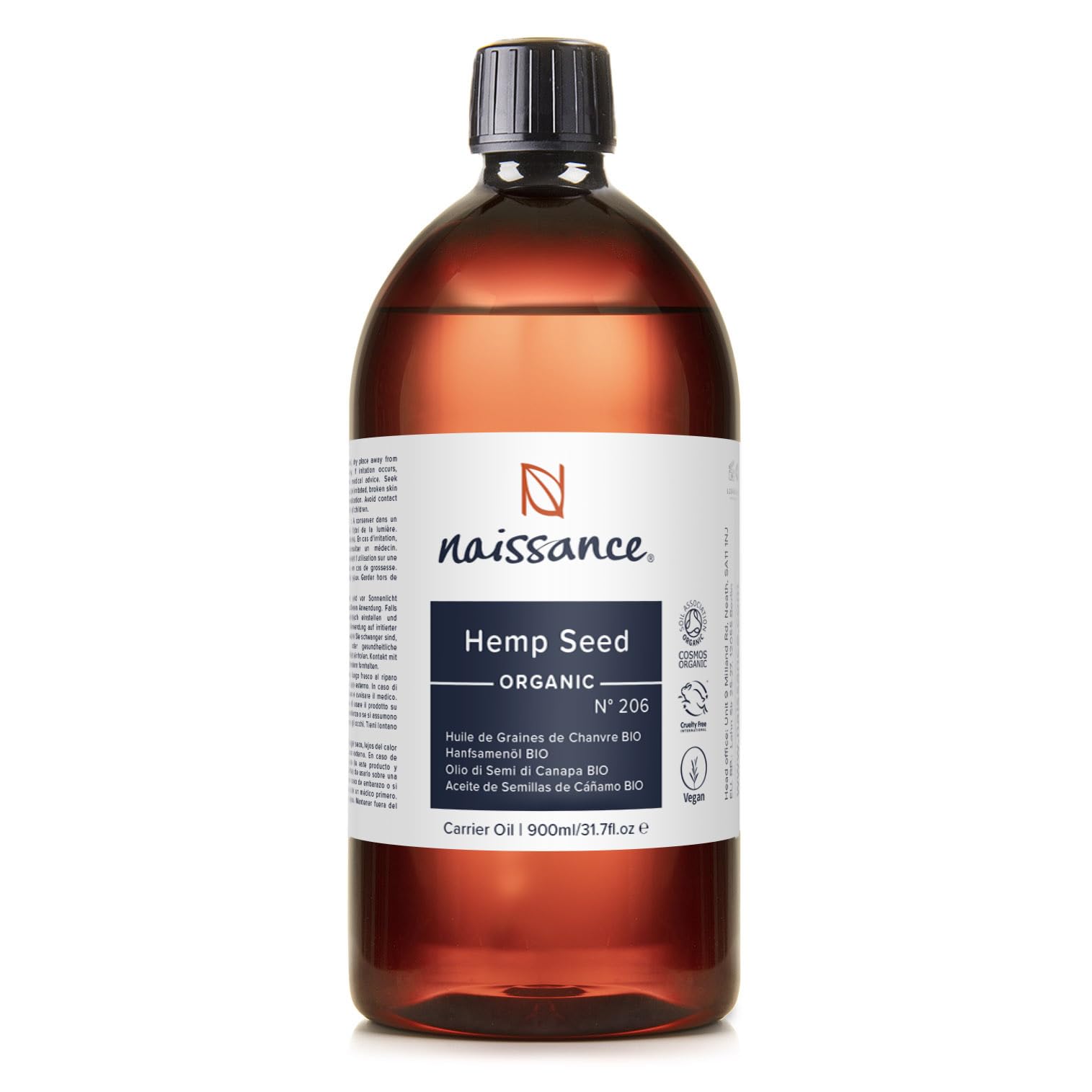Naissance Huile de Graines de Chanvre Vierge BIO (No. 206) - 900ml - pour Visage, Cheveux - Naturelle Et Pressée À Froid - Végan Et Non Testé Sur Les Animaux