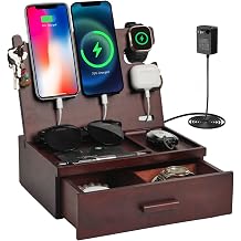 Nightstand Organizer with Drawer Built in 4 USB Quick Charger, Wood Phone Docking Station with Dual Phone Charging Station for Apple Android Phones Anniversary Birthday Gifts for Men Dad Hunsband Mom
