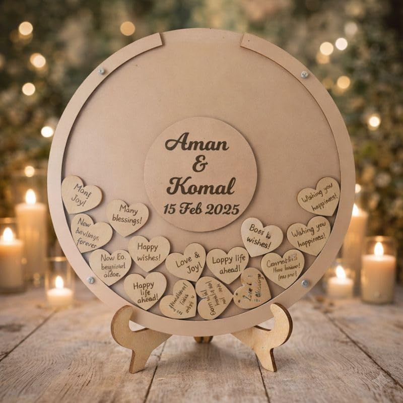 Circle Drop Box Wedding Guest Book with Wooden Hearts for Blessings or name | Personalized Custom Name & Date Guestbook Frame for Wedding Reception Birthday & Shaadi Décor | 12x12, 15x15, 18x18 Inch Round Shape with stand and hearts-image-15