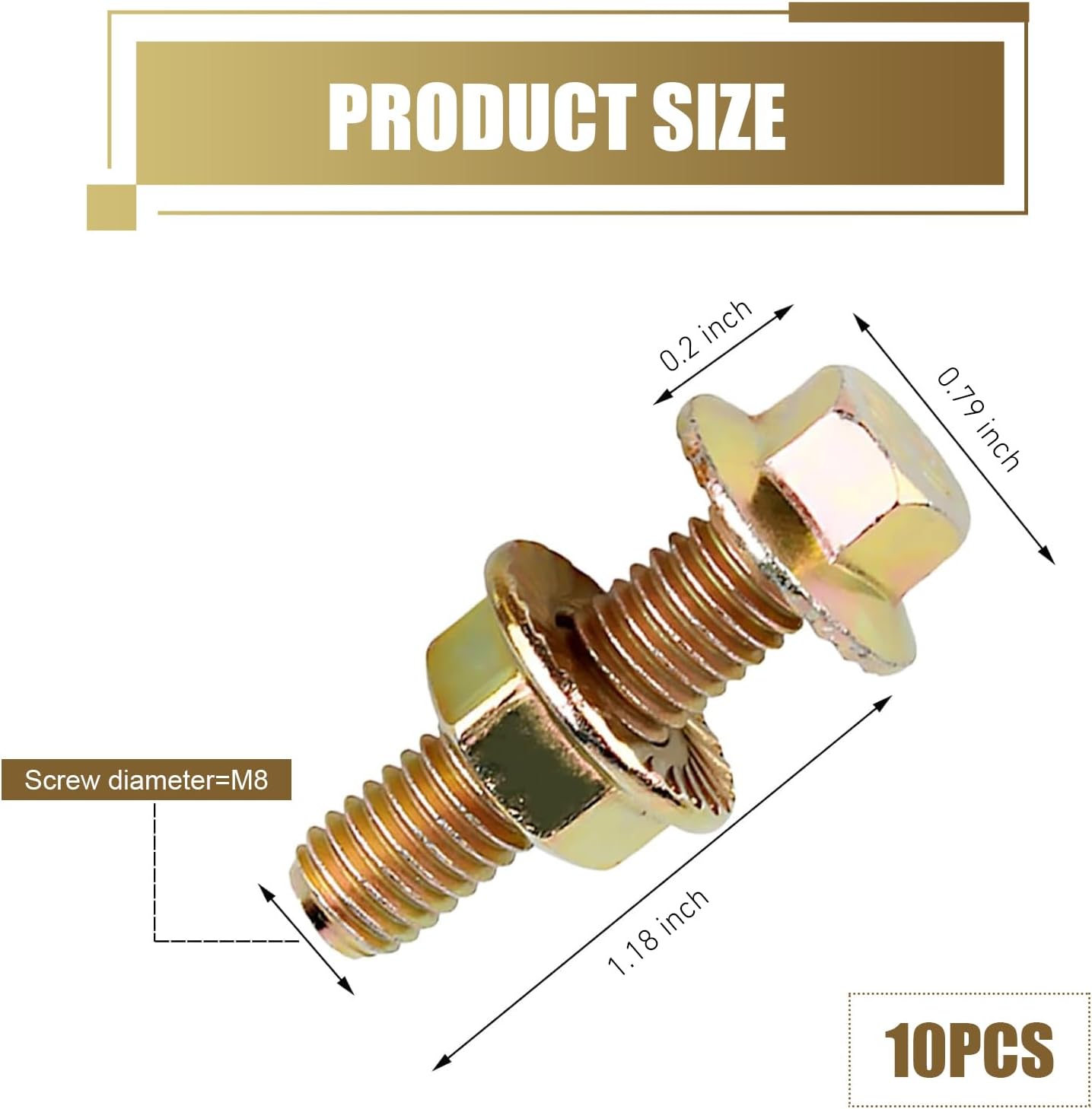 10 PCS M8 Car Exhaust Manifold Bolts, Anti-slip Sealing Flange Bolt and Nut Kit, Rust-proof Hexagonal Retaining Screw Hardware Set, Universal Fastener Replacement for Cars (Gold)